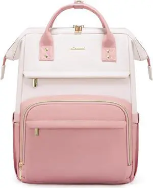 LOVEVOOK Leather Backpack for Women,17 inch Leather Laptop Backpack Women,Professional Work Backpack Nurse College Teacher Bag,Womens Laptop Tote Bag Computer Travel Backpack Purse,Beige White-Pink