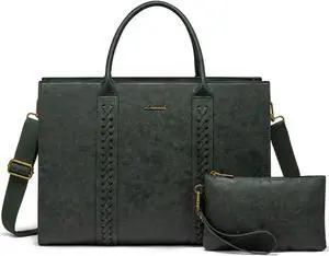 LOVEVOOK Laptop Tote Bag for Women, Vintage Leather Work Bags 15.6 inch Laptop Bag, Waterproof Computer Bag Business Office Briefcase, Green