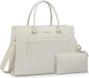 LOVEVOOK Laptop Bag for Women 15.6 Inch Tote Work Bag Leather Computer Briefcase Waterproof Business Teacher Office Bag Handbag with Small Clutch,Beige