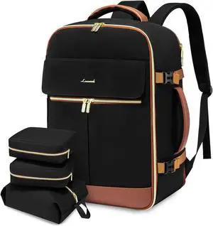 LOVEVOOK Carry On Backpack, 50L Travel Backpack Women with 3 Packing Cubes, TSA Airline Approved Suitcase Bag as Personal Item, Waterproof 18 inch Laptop Backpack for Weekender Overnight,Black-Brown