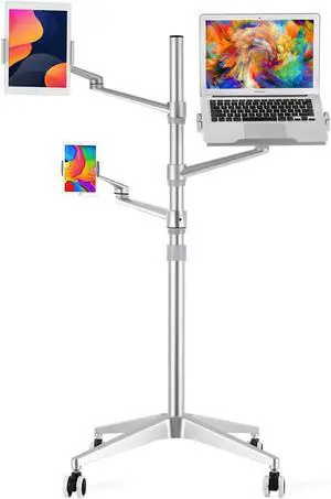MagicHold Triple arm Height Adjustable Stand Mount with Rolling Wheel for Laptop(11-17 inch) and Compatible with ipad iPad pro 12.9 inch/Tablet/Ereader