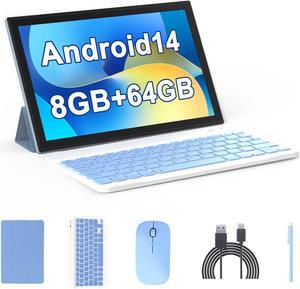 Android 14 Tablet, 10.1 inch 8GB RAM+64GB ROM/ 1TB Expand Tablet, 1.8Ghz Quad-core Processor, 1280*800 IPS Touch Screen, 2.4G/5G Wifi 6 BT 5.0 Tablet, 2 in 1 Tablets with keyboard/ Case/ Mouse/ Stylus