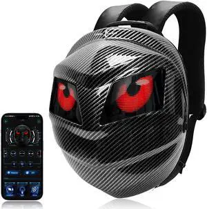Crelander Black Knight Backpack with LED Eyes,Hard Shell Motorcycle Helmet Bag,Programmable Riding Travel Laptop Shoulder Bag (Carbon Fiber Textured Color)