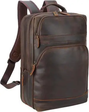 Masa Kawa Brown Leather Laptop Backpack for Men Fits 16" 15.6" Computer, Vintage Business Travel Work Large Daypack Weekender Bag Camping Rucksack
