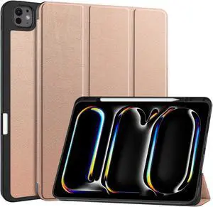 for iPad Pro 13 2024 Caster TPU Pure Color 3-Fold Holder Smart Leather Tablet Case with Pencil Holder (Rose Gold)
