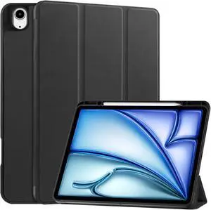 Generic for iPad Air 13 2024 Caster TPU Pure Color 3-Fold Holder Smart Leather Tablet Case with Pen Tray (Black)