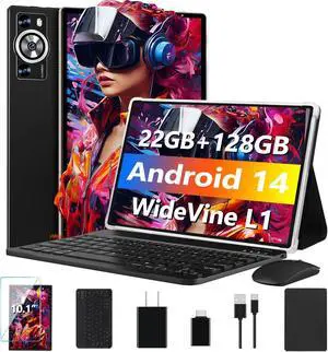 DEERTiME Android 14 Tablet 10.1 Inch 8000mAh Battery Tablets with 22GB RAM 128GB ROM 1TB Expand, Octa-Core HD Touchscreen Tablet with Keyboard, Mouse, Support Widevine L1, Split-Screen - Black