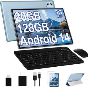 DEERTiME Android 14 Tablet 10.1 Inch Tablets, 20GB RAM 128GB ROM 1TB Expand Octa-Core 2 in 1 Tablet PC with Keyboard Mouse Case, 1280x800 IPS HD Touchscreen, Bluetooth WI-FI 6, Widevine L1 - Blue