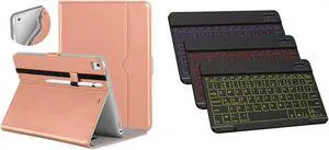 DTTO for iPad 9.7 Inch 5th/6th Generation 2018/2017 Case with Pencil Holder, Premium Leather Folio Stand Cover and Wireless Rechargeable Keyboard, Rose Gold/Black