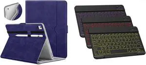 DTTO for iPad 9.7 Inch 5th/6th Generation 2018/2017 Case with Pencil Holder, Premium Leather Folio Stand Cover and Wireless Rechargeable Keyboard, Dark Blue/Black