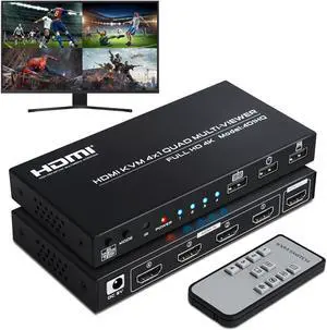 4 Port HDMl KVM Multiviewer 4K@30Hz, 4x1 Quad Multi Viewer Seamless Switcher 4 in 1 Out Support 4K 1080P 720P, 6 Viewing Modes with Keyboard Hotkey Switch and IR Remote