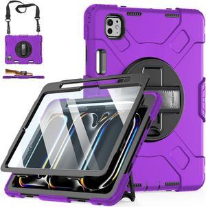 Case for iPad Pro 11 M4 2024: Protective Cover for iPad Pro 11 Inch 5th Generation with Screen Protector- Stand- Handle- Shoulder Strap- Pencil Holder-Black+Purple