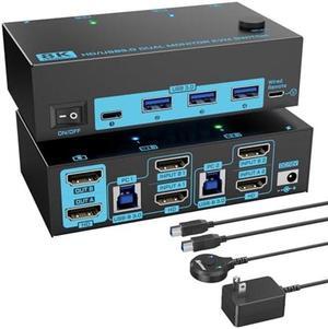 8K HDMI 2.1 Dual Monitor KVM Switch 2 Monitors 2 Computers 2 in 2 Out USB KVM Switches Max Support 8K@60Hz/4K@144Hz, with 3 USB 3.0 +1 USB-C Ports & Wired Remote & 2 USB 3.0 Cables