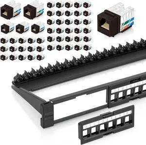 Everest Media Solutions Bundle - 2 Items: 24-Port Keystone Patch Panel + 50 Pack of RJ45 CAT6 Keystone Jacks - Brown