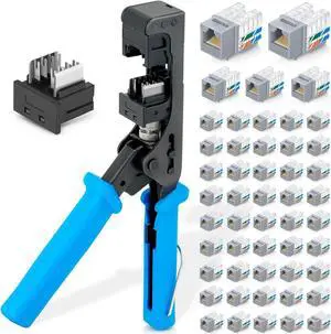 Bundle - 3 Items: easyJACK - 90deg Angled Speed Termination Tool + Replacement Head + 90deg Angled Cat6 Keystone Jacks in Gray (50 Pack)