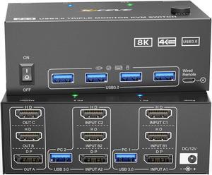 USB3.0 HDMI KVM Switch 3 Monitors 2 Computers 8K@60Hz 4K@144Hz,Displayport and HDMI Dual Monitor KVM Switch with 4 USB 3.0 Port for Keyboard Mouse Printer,Wired Remote, 2 HDMI+1 Displayport KVM