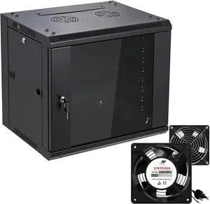 9U Wall Mount Server Cabinet Network Rack Enclosure Locking Glass Door with Network Cabinet Fan 2pc Kit
