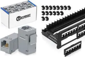 Everest Media Solutions Bundle - 2 Items: 48-Port Keystone Patch Panel + 48 Pack of RJ45 CAT6 Keystone Couplers - Gray