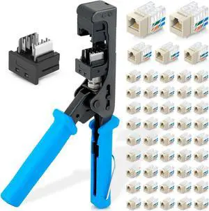 Everest Media Solutions Bundle - 3 Items: easyJACK - 90deg Angled Speed Termination Tool + Replacement Head + 90deg Angled Cat6 Keystone Jacks in Ivory (50 Pack)