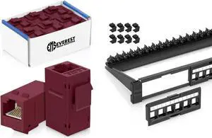 Everest Media Solutions Bundle - 2 Items: 24-Port Keystone Patch Panel + 24 Pack of RJ45 CAT6 Keystone Couplers - Red