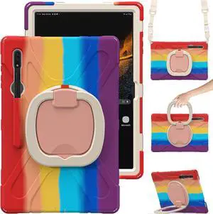 PboyiqiS Heavy Duty Case for Galaxy Tab S9 Plus 12.4 Inch 2023 Model (SM-X810/X816/X818),with S Pen Holder, Shockproof Kids Case with 360 Rotating Stand/Shoulder Strap (Colourful Red)