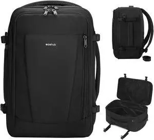 ECOHUB 17'' Travel Backpack, Personal Item Backpack with 13 Pockets, Flight Approved Carry on Backpack with USB Port & Luggage Sleeve, Travel bag for Men & Women, Water Resistant Backpack, Black