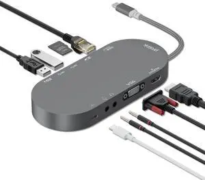 OVAW 10 in 1 USB C Hub, USB C to VGA HDMI MultiPort Adapter with HDMI, VGA, PD, Ethernet, SD/TF, USB C/A Ports, Mic/Audio - USB C Laptop Docking Station, Compatible with Dell/Surface/HP