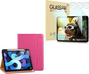 DTTO Case for iPad Air 5th/4th Generation 2022/2020 with Pencil Holder, Premium Leather Business Folio Stand Cover, and 3 Pack Tempered Glass Film with Camera Protector, Rose Red