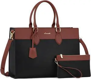 LOVEVOOK Laptop Bag for Women, 15.6 inch Leather Tote Bag Work Business Office Bag Waterproof Briefcase Computer Handbag Shoulder, Black-Brown