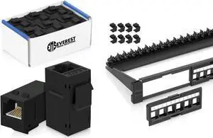 Everest Media Solutions Bundle - 2 Items: 24-Port Keystone Patch Panel + 24 Pack of RJ45 CAT6 Keystone Couplers - Black