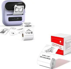 Phomemo M220 Label Maker Purple & 1 Roll White Thermal Label 2.25"x1.25"(57x32mm), Upgrade 3 Inch Barcode Portable Printer, for Office & Small Business, Compatible with Phones&PC