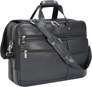 Polare X-Large 18" Napa Leather Briefcase For Men Business Travel Case Messenger Bag Fits 17.3" Laptop (Black)