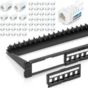 Everest Media Solutions Bundle - 2 Items: 24-Port Keystone Patch Panel + 50 Pack of RJ45 Cat6 Keystone Jacks - White