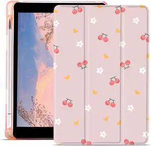 JOYLAND Flower Cherry Pad Case for 12.9 Inch iPad Pro 2022/2021/2020/2018 with Pencil Holder, Clear TPU Pink Leather Protective Case, Auto Wake/Sleep Foldable Smart Stand Cover
