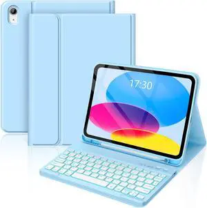 FUWANG Keyboard Case for iPad A16 11-inch 11th Generation 2025 & 10th Generation 10.9 inch 2022 - Detachable 7 Colors Backlit Bluetooth Folio Keyboard Case for New iPad 11 inch A16/10th Gen, Sky Blue