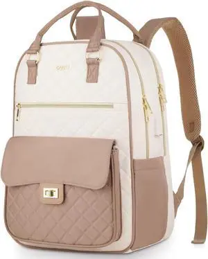RJEU School Backpack for Teen Girl,Aesthetic Schoolbag Bookbag with 15.6-Inch-Laptop Compartment for Women College Student Work Travel Nurse Teacher,Khaki-Beige