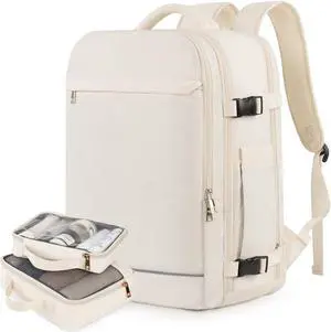 Travel Backpack Carry on Flight Approved for Women Men, personal item backpack, 40L Overnight Travel Bag with 2 Packing Cubes for Weekend College Business Hiking (Beige)