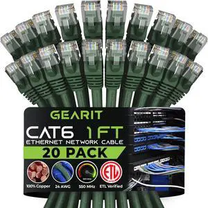 GearIT Cat 6 Ethernet Cable (20-Pack 1 Foot) Cat6 Network Patch, 10Gbps, RJ45, Snagless Cord, Gold-Plated Connectors, Internet for PC, TV, Tablet, Router, Printer, Servers, IT Data Center - Green