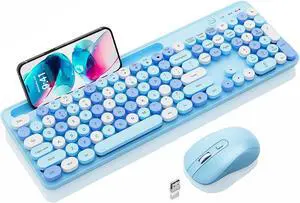 Wireless Keyboard and Mouse Combo with Round Keycaps, Retro Typewriter Keyboard with Phone/Tablet Holder, Colorful 2.4G Full Size Keyboard, Soft Click, Auto Sleep, for Windows/Computer/Laptop/PC, Blue