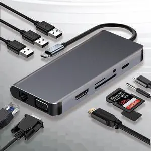 USB C Hub Docking Station HDMI Adapter,10 in 1 USB C Hub Multiport Adapter,w/gigabit Ethernet,VGA,HDMI,3 USB,SD/TF Card Reader,Audio,USB C Data Port,Docking Station for Various of Notebook Computers