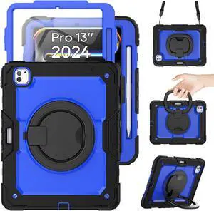SCSVPN Case for iPad Pro 13 Inch 2024 (M4, 7th Gen) with Screen Protector -Pencil Holder -Rotating Handle Grip/Stand -Shoulder Strap, Shockproof Rugged Protective Cover for iPad Pro 13'', Dark Blue