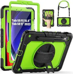 SEYMAC for Samsung Galaxy Tab S9 FE 5G Case 2023, Heavy Duty Shockproof Protective Case with Screen Protector, Rotating Stand, Hand Strap and Pen Holder for Galaxy Tab S9 FE 10.9''/S9 11'', Green