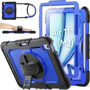 SEYMAC stock Case for iPad Air 11 inch Case M3/ M2 (2025/2024), for iPad Air 6th Generation, Heavy Duty Protective with Pencil Holder, Screen Protector, Stand, Hand Strap, Shoulder Strap, Blue