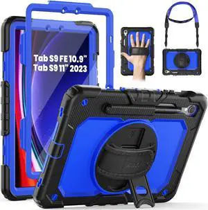 SEYMAC Case for Samsung Galaxy Tab S9 FE 10.9''/S9 11'', Heavy Duty Shockproof Protective Case with Screen Protector, Rotating Stand, Hand Strap, Blue