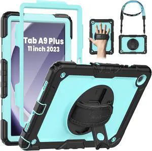 SEYMAC for Samsung Galaxy Tab A9+/ A9 Plus Case 11" (SM-X210/X216/X218), Heavy Duty Shockproof Protective Case with Screen Protector, Rotating Stand and Hand/Shoulder Strap, Light Blue