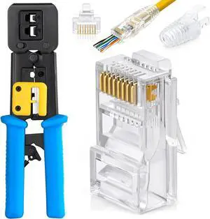 GTZ Bundle - 2 Items: RJ45 Crimp Tool + RJ45 Cat6 Pass Through Connectors and Strain Relief Boots - Pack of 100/100