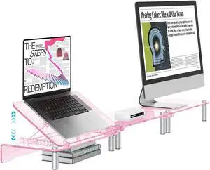 HEWYIOS Pink Acrylic Dual Monitor Stand for Desk,Adjustable Laptop Stand Riser,Ergonomic Desk Computer Monitor Riser Holder Suitable for 2 Monitors, Desktop, Laptop, PC, Printer, TV Screen