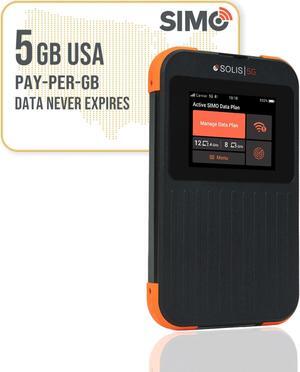 SIMO Solis 5G WiFi Mobile Hotspot + 5GB US Data Card, Local and International Coverage Router, Multi-Carrier Access, No Contract or SIM Card Required, 16 Connected Devices, 1GB/Month Lifetime Data