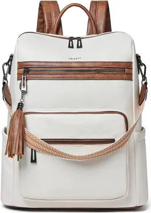 Shrrie 15.6 Inch Laptop Backpack for Women - Large Leather Travel Carry-on, Water Resistant Casual College Work Purse, Beige With Brown