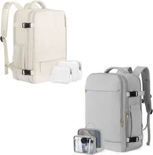Sinaliy Large Travel Backpack for Women Men (Beige & Gray), 40L Carry On Backpack, 17 Inch Laptop Waterproof Casual Backpack, College Bookbag, Backpack for Women, as Person Item Flight Approved